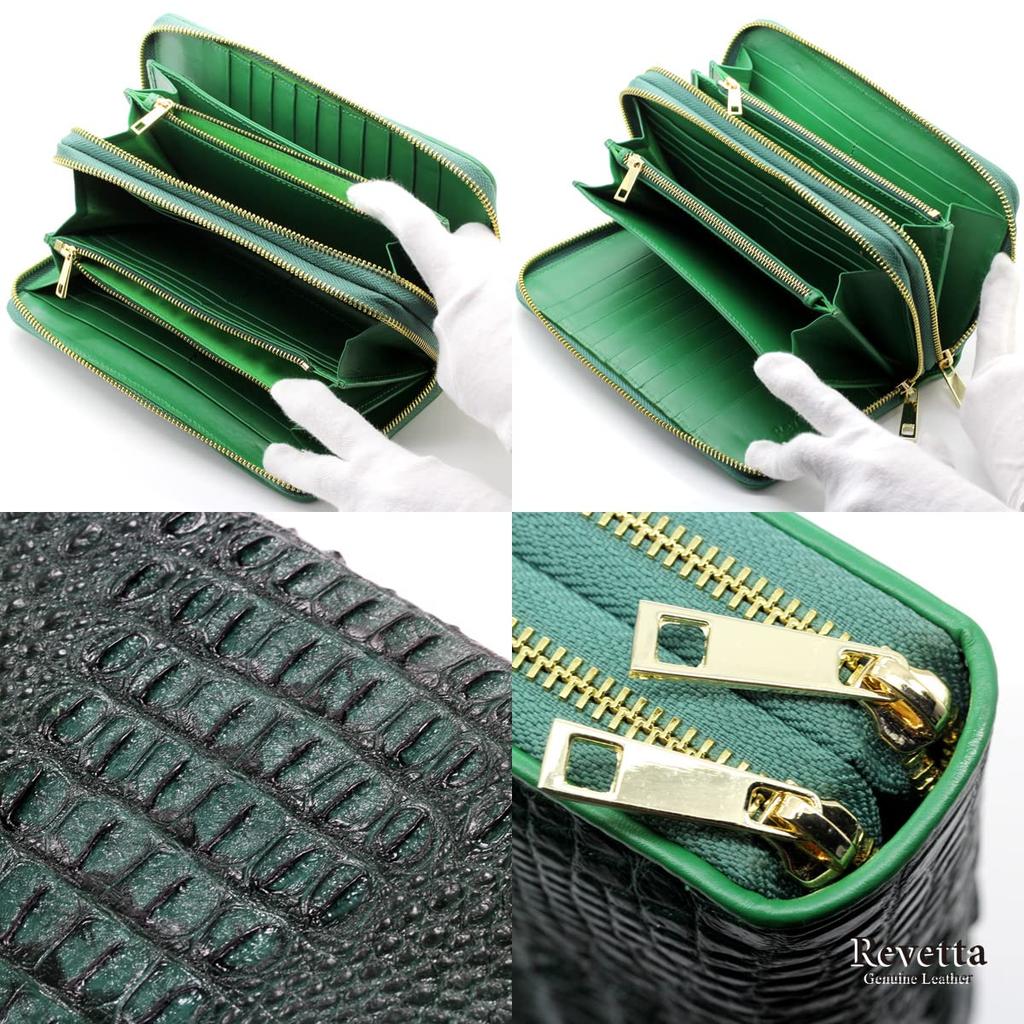 [Revetta] Crocodile Leather Long Wallet, Large Capacity, 40 Card Slots, Men's Wallet, Green, Double Round Zipper, Genuine Leather, Single Piece Leathe