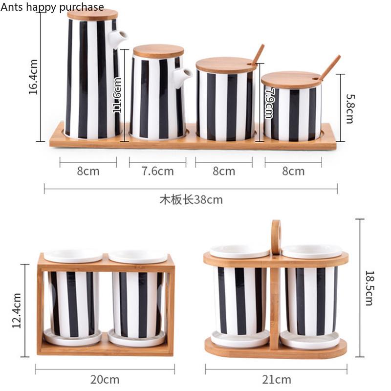 Nordic Black and White Stripes Ceramic Spice Jar Combination Set Salt Sugar Oil Soy Sauce Bottle Vinegar Pot Kitchen Supplies