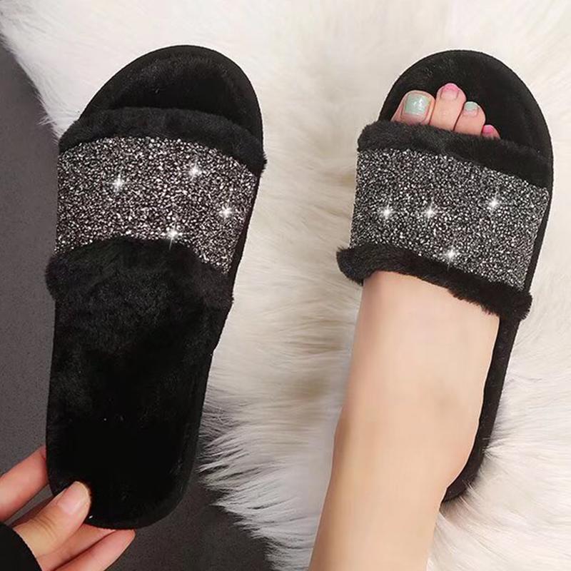 Fashion Fashion Bling Cotton Slippers for Women Open Toe Slip On Fur Slippers Woman Autumn Winter Faux Fur Indoor Flats Fur Slides Mujer