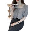 Square Neck Short Sleeve Women's Summer Top - Japanese Sweet Style with Age-Reducing Check Pattern