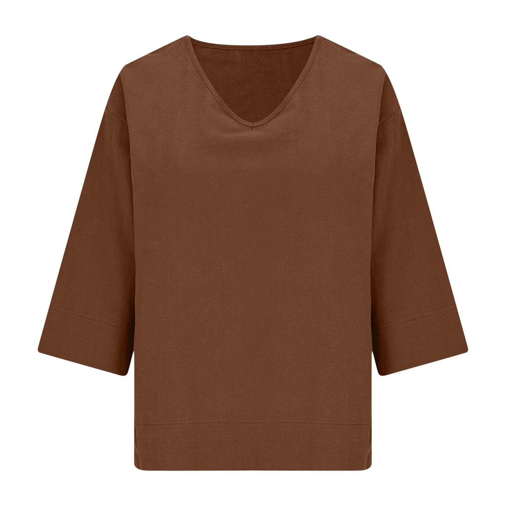 Ladies' Casual Fashion Solid Color V-neck Loose Slit Casual Solid Color Cotton And Linen Top