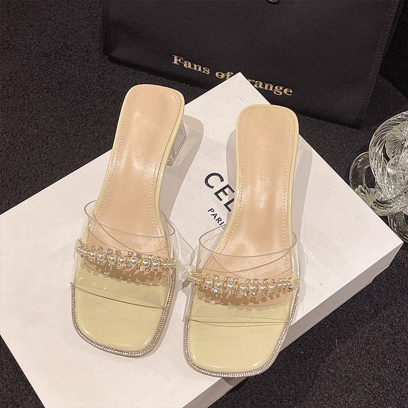 Transparent Slippers Women's Rhinestone Pearl Outer Wear One-word Mop 2025 Summer New Versatile Crystal Thick Heel High Heel Sandals