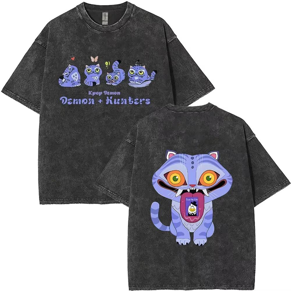 Washed Vintage Kpop Demon Hunters Cute Funny Derpy Tiger T-shirts Women Fashion Cartoon Trend T Shirt Oversized T-shirt