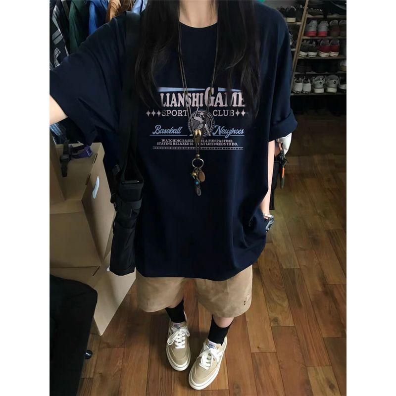 

Pure Cotton T-Shirt American Style Shoulder Short Sleeve New Arrival Women 2025 Best Selling Fashion Trendy Tops Letter Half Sleeve Summer Navy blue M
