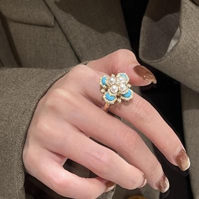 Leichter Luxus Retro Palaststil Eingelegt mit Diamanten Türkis Ringe für Damen Exquisiter Perlenring Hochzeit Echtschmuck