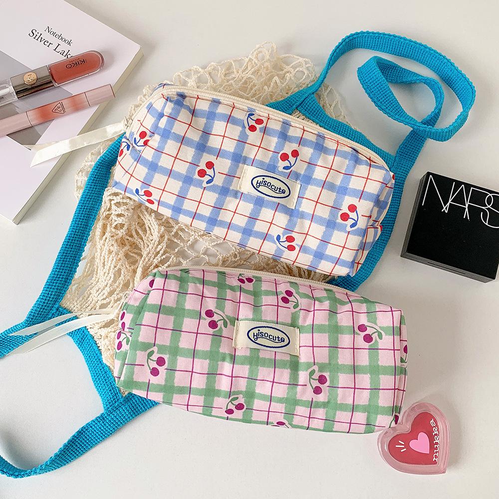 Cartoon Plaid Pencil Case Girls' Stationery Storage Bag Student High-value Pencil Case Makeup Bag