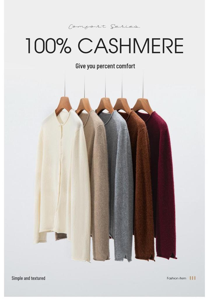 Autumn Winter Women's Solid Cashmere Sweater: Round Neck, Rolled Edge, Slimming Multi-Button Cardigan