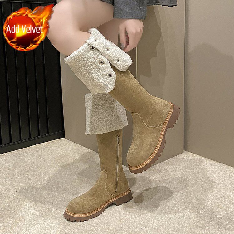 

Элегантные зимние ботфорты на флисовой подкладке для женщин, замшевые, с круглым носком, на толстом каблуке, снежные ботинки на толстой подошве 40