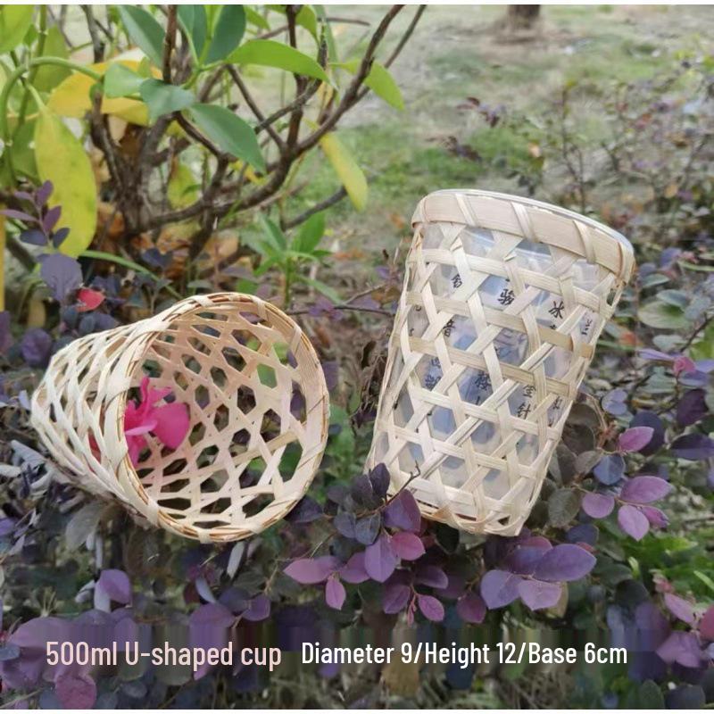 Bamboo Woven Drink Set: Milk Tea Cups, Ice Cream Cups & Basket