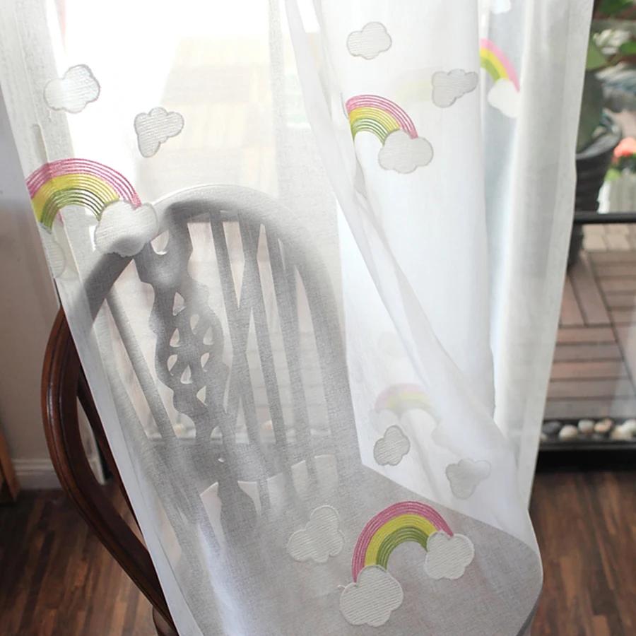 Koreaanse Geborduurde Witte Wolk en Regenboog Doorzichtige Raambekleding Slaapkamer Gordijnen Katoen Linnen Panelen Tule Voile voor Woonkamer #5 1pc W100CM X H260CM&Rod Pocekt Process