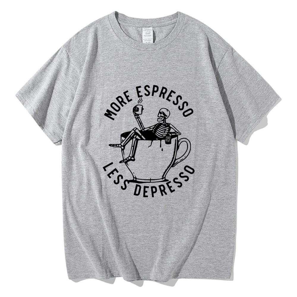 Summer Men's More Espresso Less Depresso Skeleton Drinking Coffee Pattern Print Horror Style 100% Cotton Short-sleeved T-shirt