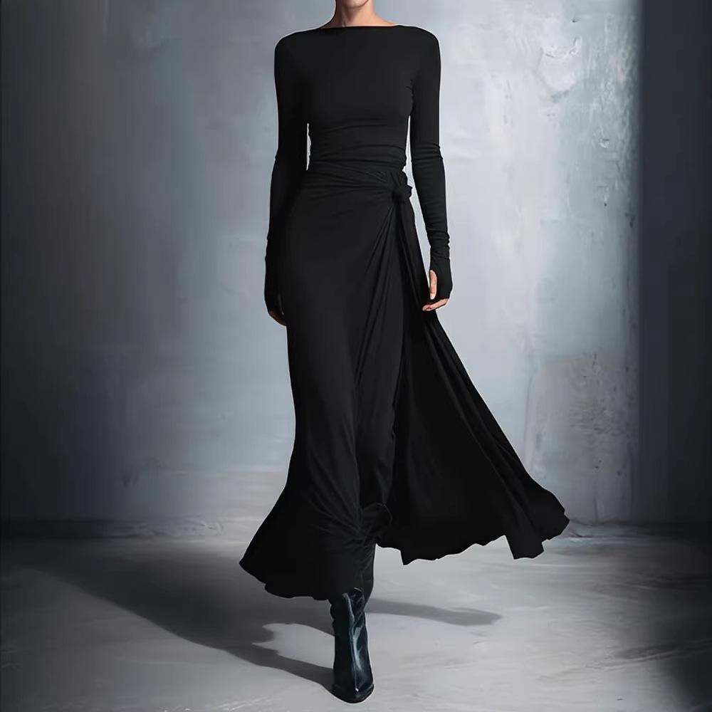 2025 Women's Autumn/Winter Solid Color Long Sleeve Wrap Dress with Knot Detail
