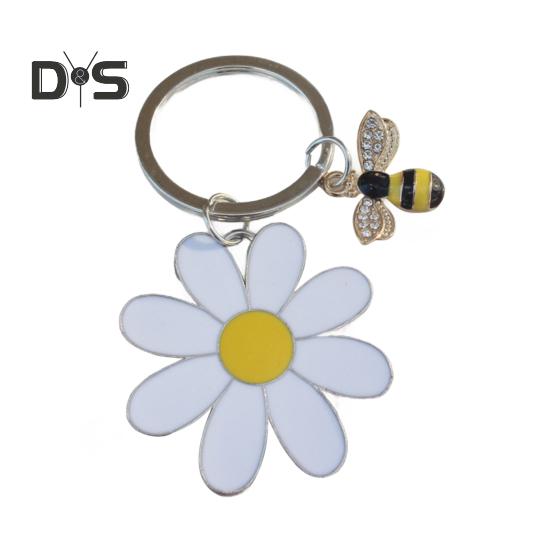 

Женский брелок для ключей с цветком и пчелой, брелок с блестящими стразами, инкрустированный, небольшого размера, брелок для сумочки, аксессуары белый