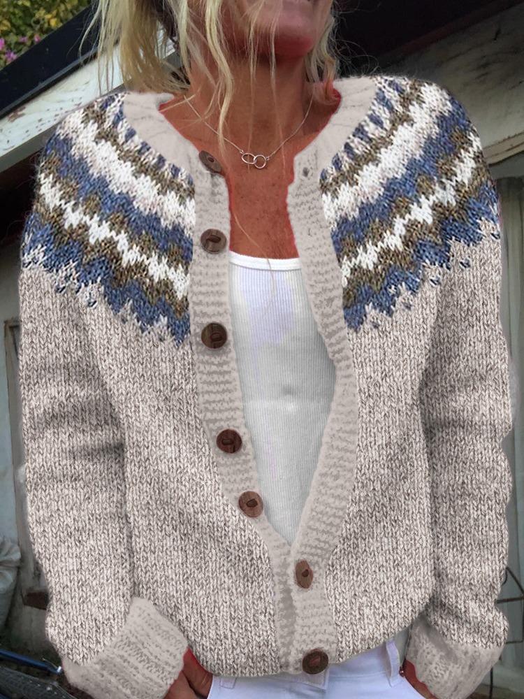 Women's Pink V-Neck Knit Cardigan with Jacquard Floral Pattern