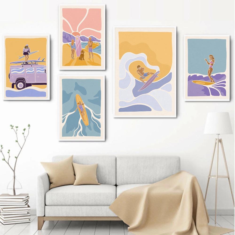 Minimalistische Surf-Mädchen Poster Meeresblick Strandhaus Drucke Leinwandbild Wandkunst Bilder Haus Sportliches Teenie-Mädchenzimmer Dekoration