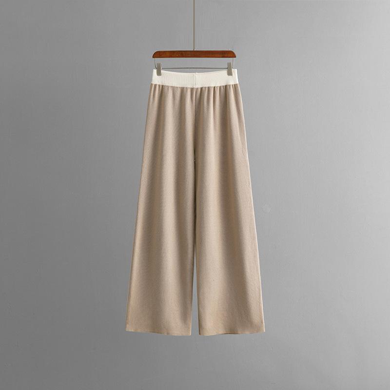 QICED Fashionable and Casual Women's Autumn and Winter V-neck Color-blocking Knitted Sweater and Loose Wide-leg Pants Two-piece Set