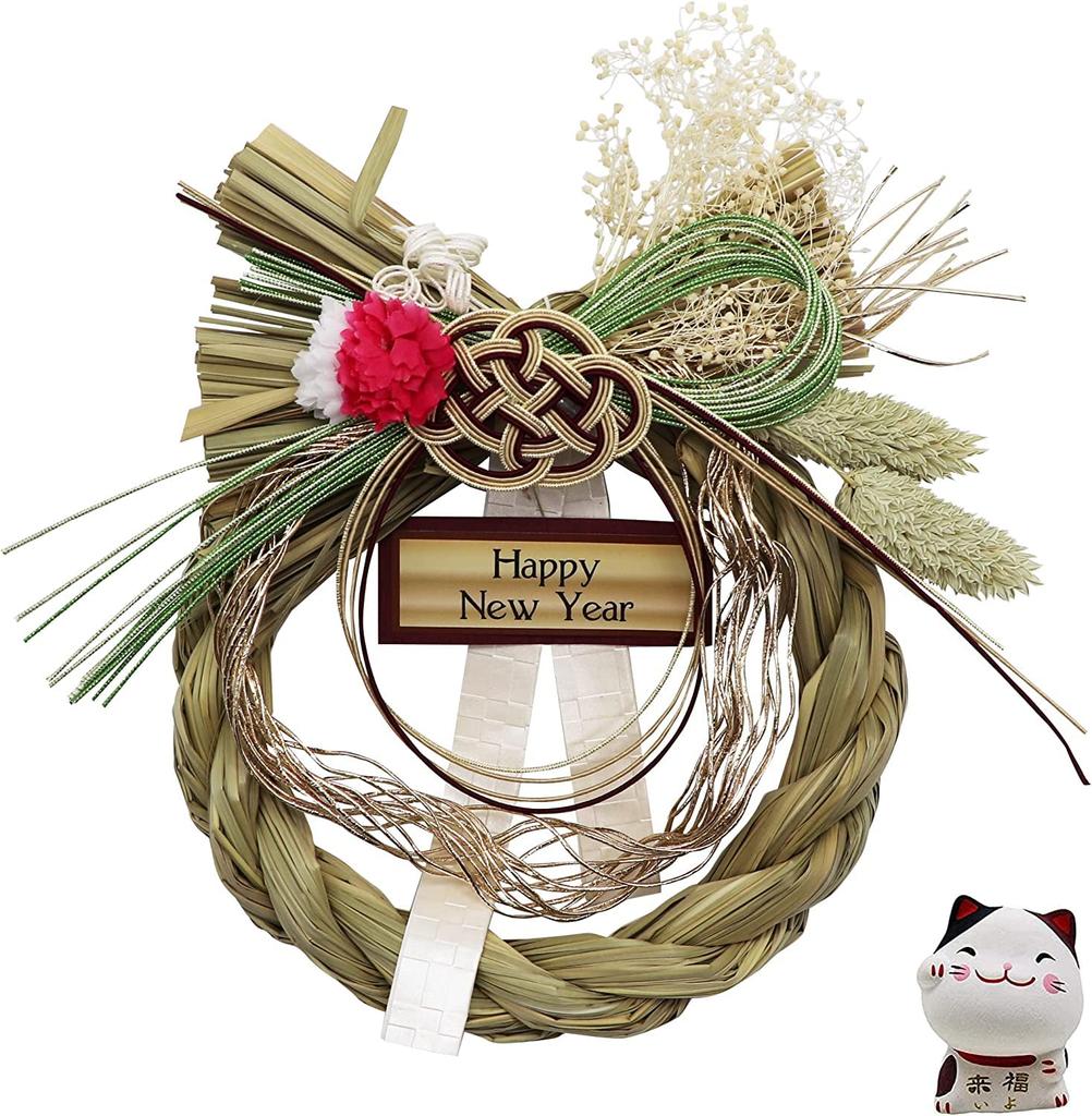 Osaka Choseido New Shimenawa Stylish Entrance Wreath with Approximately 19cm Hanakyo Dried Flower Beckoning Cat Chopstick Rest Included Year's