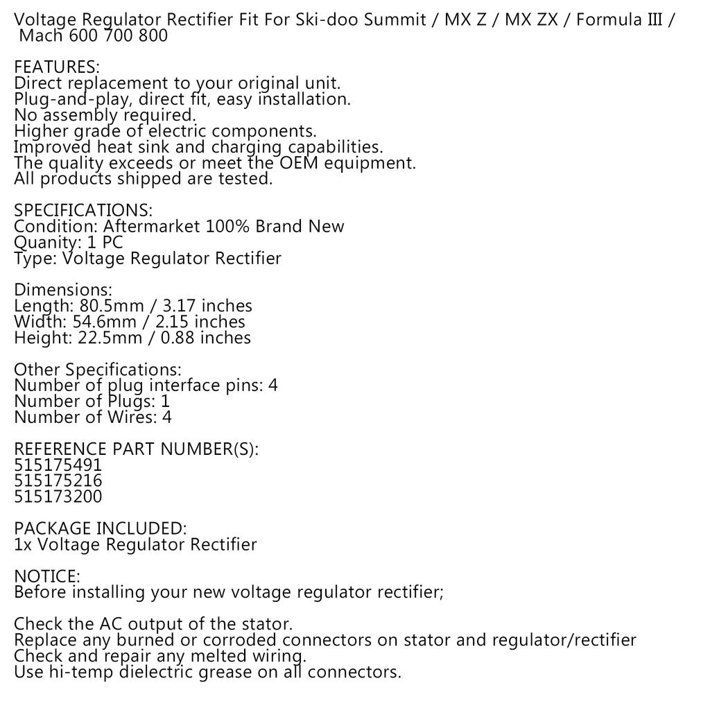 Voltage Regulator Fit for Ski-Doo MXZ X 440 MXZ 600 700 800 2000-2002 515175216