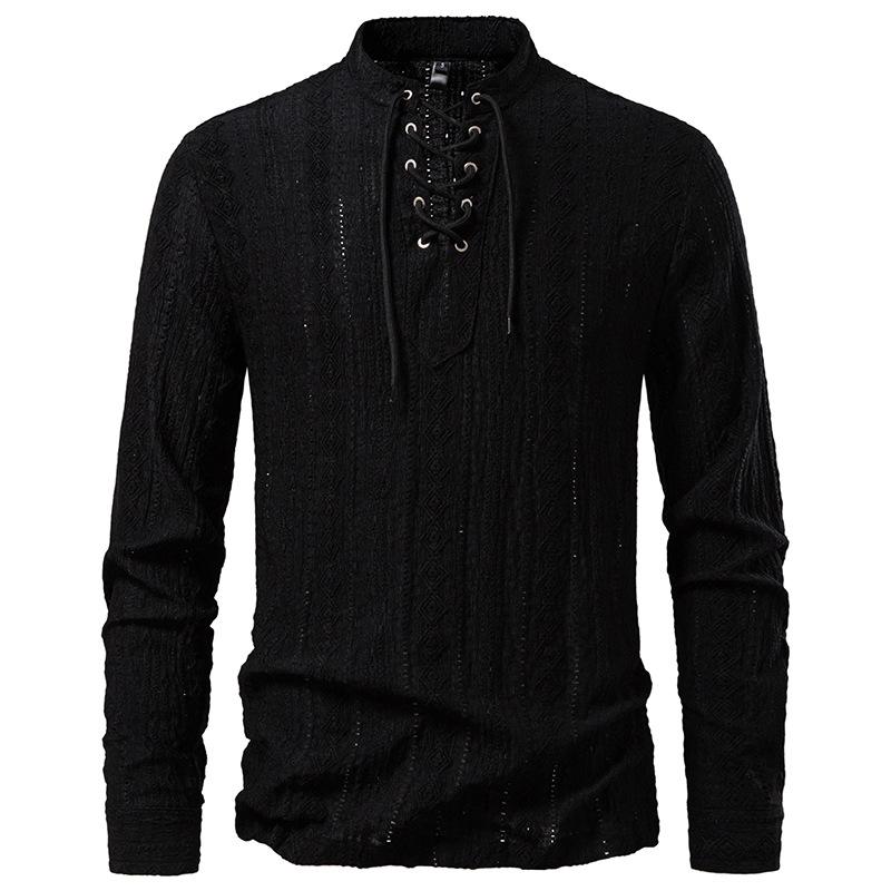 Men's Lace-Up Stand Collar Textured Shirt Long Sleeve Casual Retro Top for Men Spring Autumn Fashion Multi-Color Male Blouse