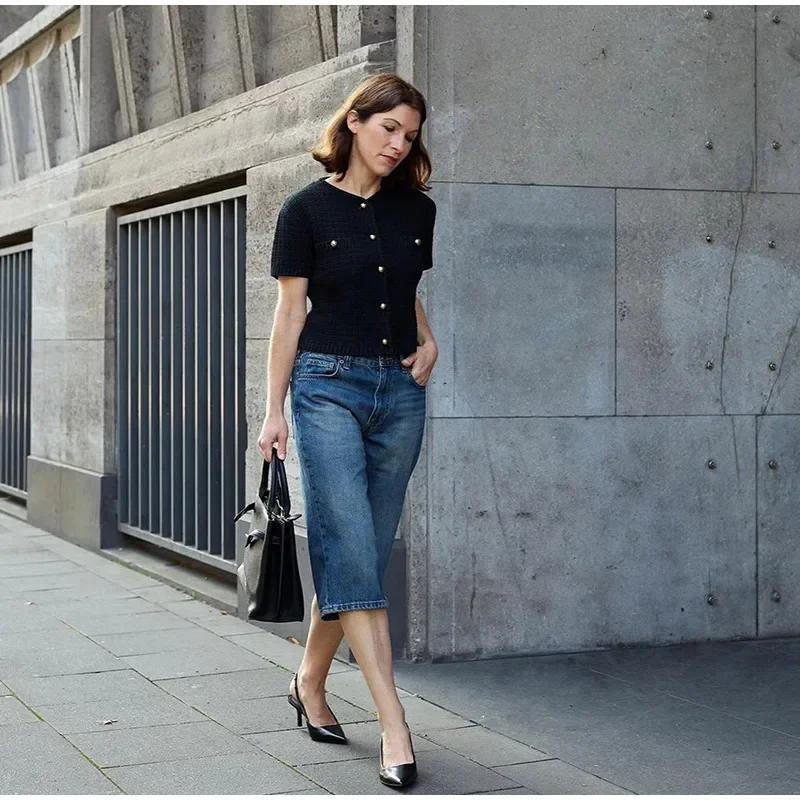 Elegant Knitted Tweed Cardigan Women Solid Single Breasted O-neck Short Sleeve Sweater Vest 2024 Autumn New Lady All-match Tops