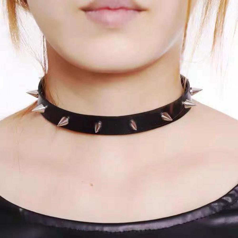 Cool Black Metal Buckle Zinc Zinc Alloy Women PU Leather Metal Spike Necklace Clavicle Chain Necklace Jewelry