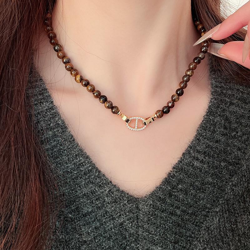 Retro Tiger Eye & Pearl Clavicle Necklace - Autumn/Winter Y2K Style