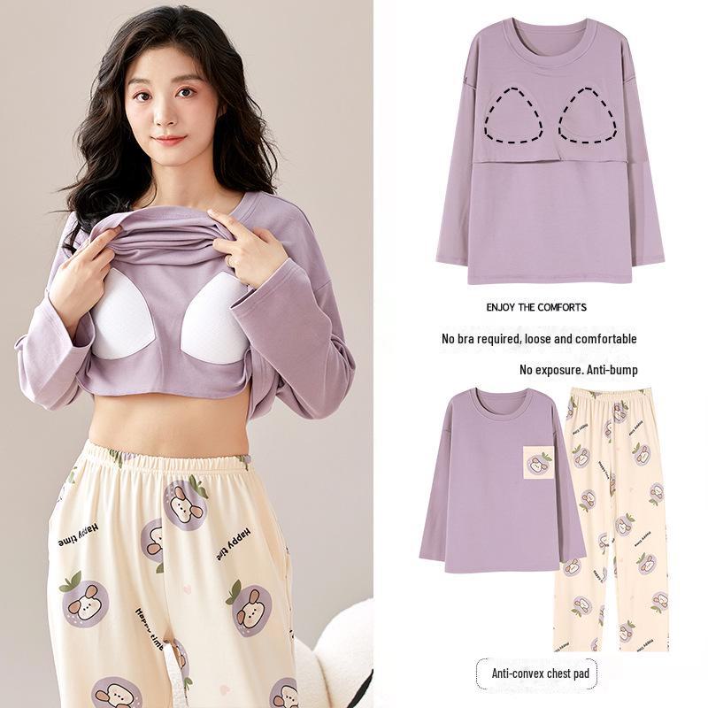 Women's Cartoon Long-Sleeve Pajamas with Chest Pads - Lightweight Home Loungewear for Autumn and Spring