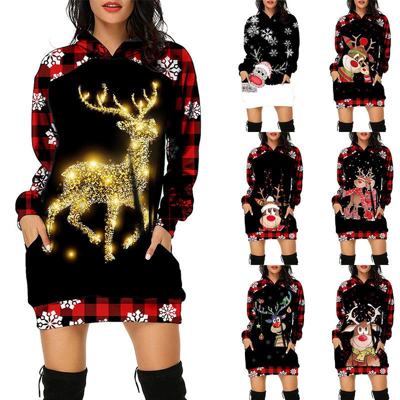 Women‘s Round Neck Long Sleeve Loose Fit Hoodie Dress 3D Print Casual Gown