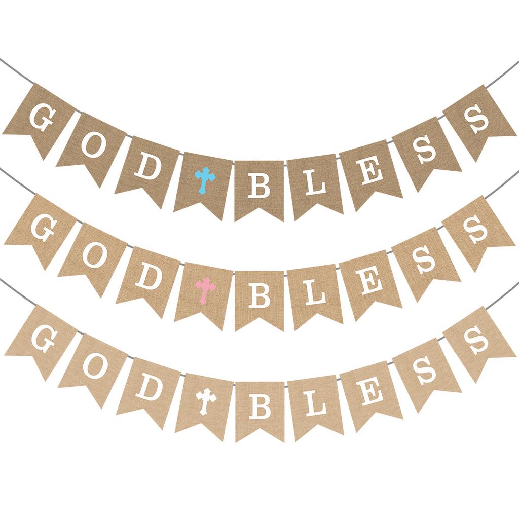 Communion-Themed Birthday Decoration God Bless Cross Imitation Linen Resurrection Flag Customization
