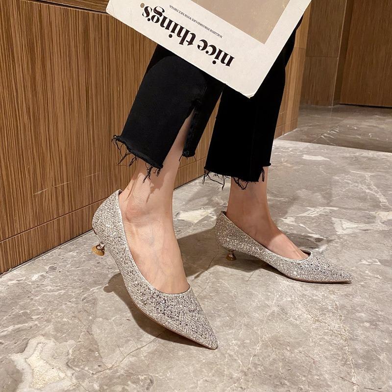 Celebrity Gold High Heels Design Temperament Pointed Single Shoes Women's New Elegant Mid-heel Shoes