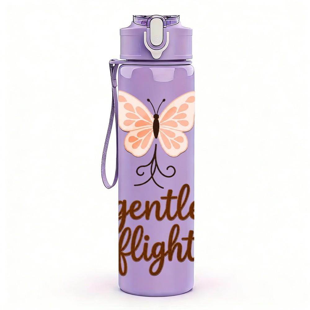1PC Gentle Flight Butterfly Quote Art 750ml Color Plastic Sports Water Bottle Leakproof Flip Straw Lid Suitable for Sports Office Home Use