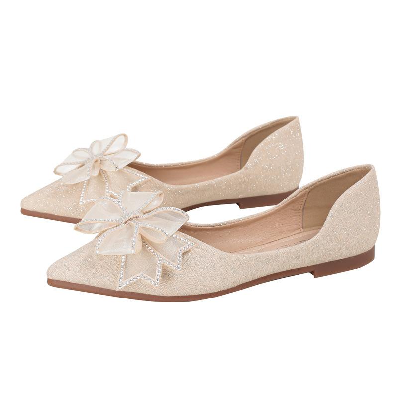 Ballerines décontractées avec nœud papillon pour femmes en cuir PU à bout pointu Ballerines à enfiler Chaussures plates confortables pour femmes Chaussures plates de travail pour mariage, bal de fin d'année