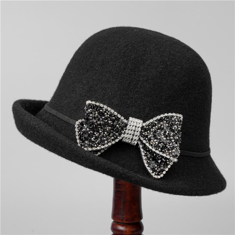 Ji Wool Top Hat Women Rhinestone Bow Socialite Small Brim French Retro Basin Hat Bucket Hat