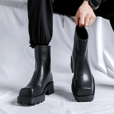 Bottes à semelles épaisses pour hommes, bottes Chelsea en cuir souple à tête carrée de luxe, tendances de la mode, chaussures montantes pour hommes