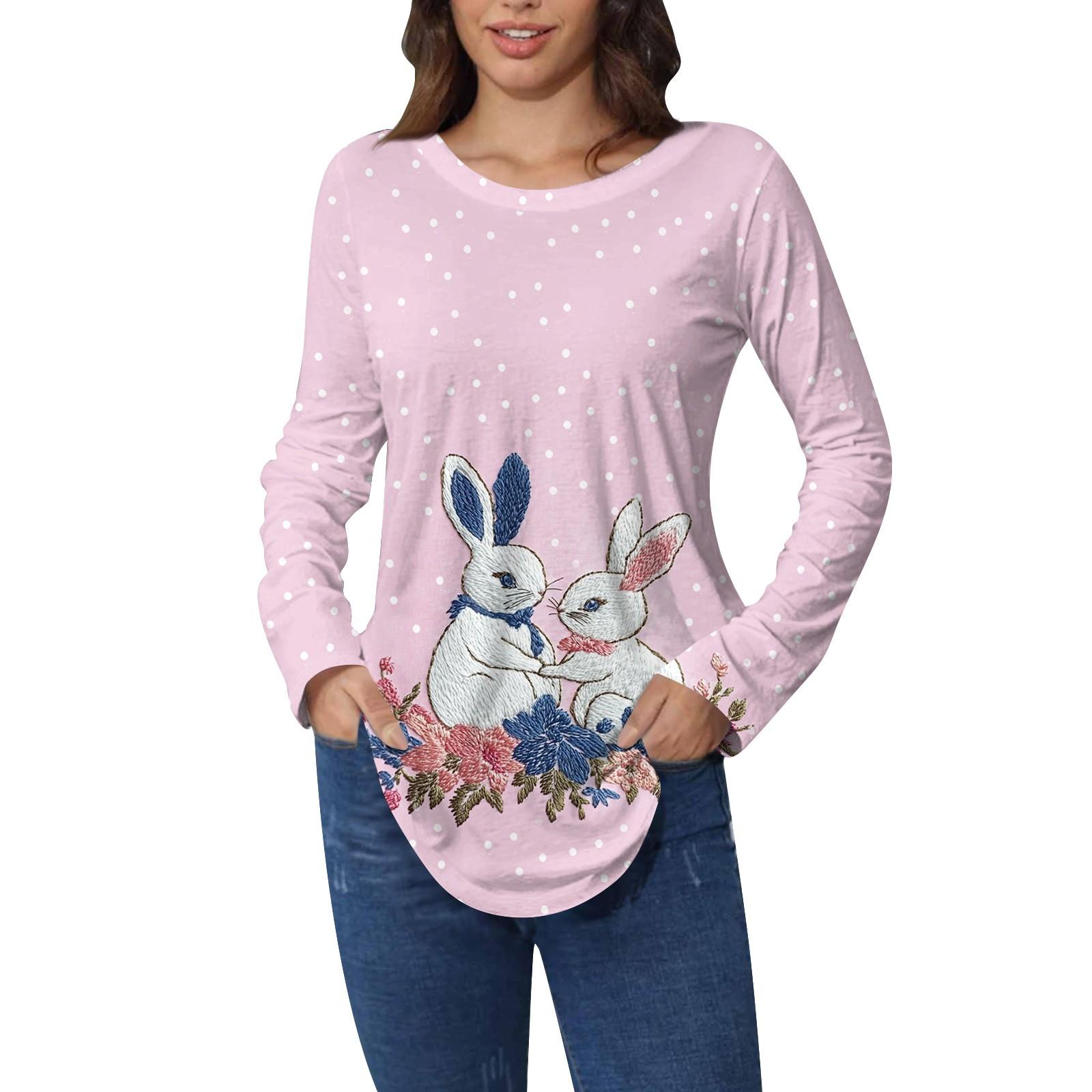 

Easter Shirts For Women Cute Love Heart Print T-Shirt Long Sleeve Tunic Tops Cotton Pullovers S рожевий