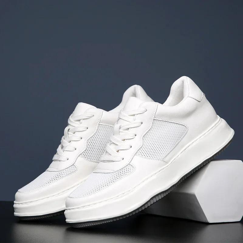 British Style Genuine Leather Heightening Shoes Men Insole 6-8cm Heels Casual Outdoor Walking Shoes 2024 New Antiskid Sneakers