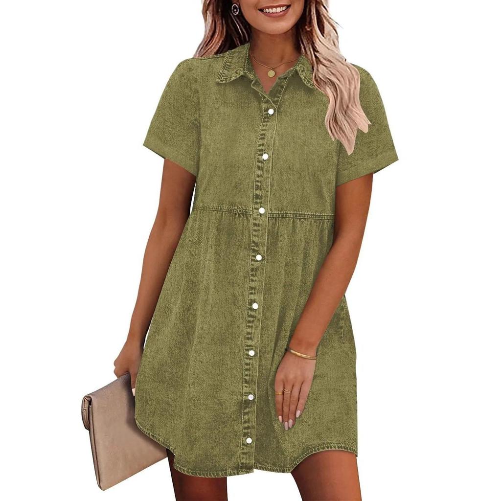 Abiti Camicia in Denim da Donna Manica Corta Collo a Revers Vestito di Jean Monopetto Top Bordo Arricciato Ampio Abiti da Donna