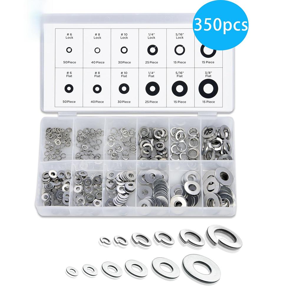 350Pcs Stainless Steel Flat Washers And Spring Lock Washers Assortment Kit Spring Lock Washers And Flat Washers Set Silver