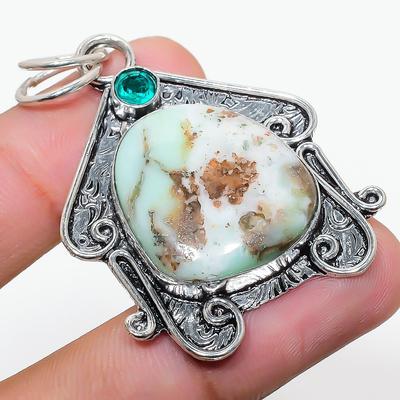 Natural Chrysoprase, Diopside Gemstone 925 Sterling Silver Pendant 2.05" m5M59