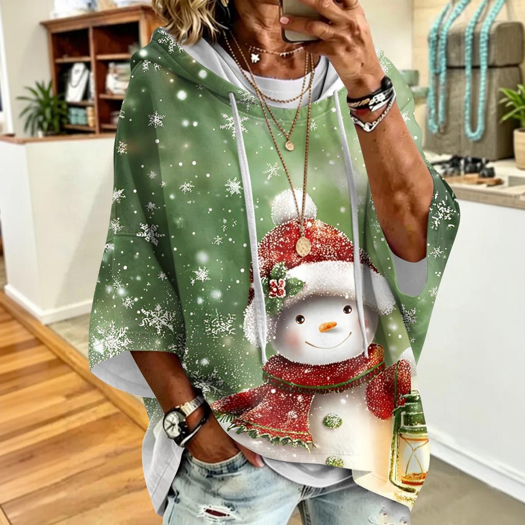 Women's Christmas Printed Hooded Sweatshirt Loose Fit Casual Pullover Top
