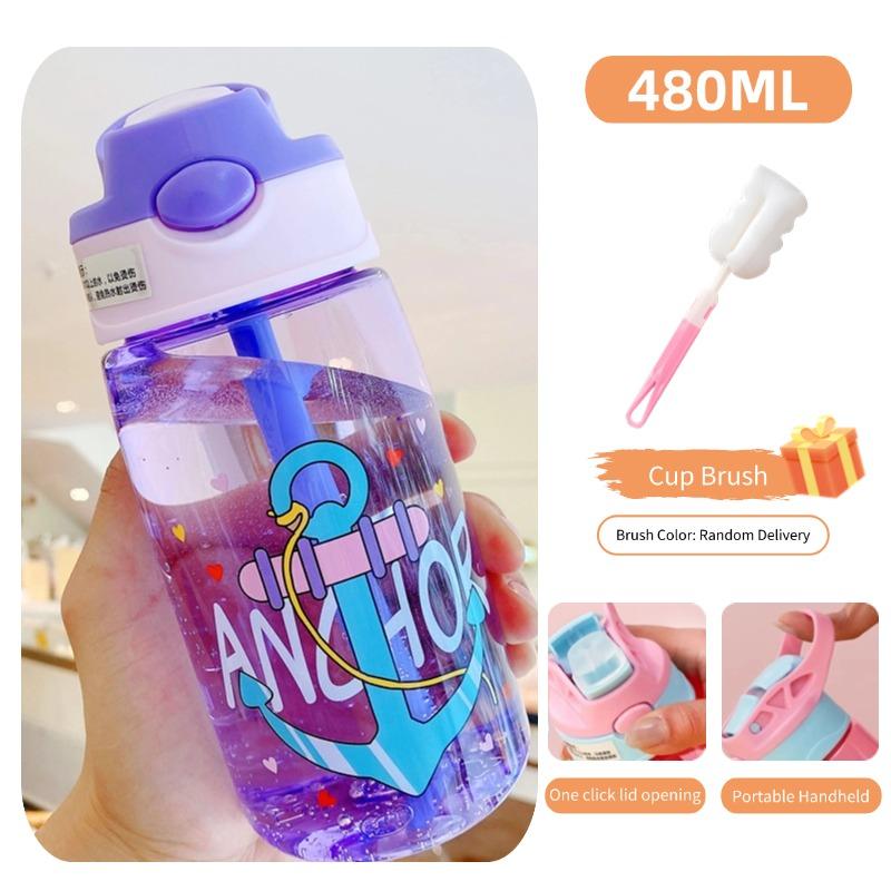 480ml Cute & Durable Cartoon Space Cup with Handeld Ring BPA-Free Portable Outdoor Water Bottle With Straws And Lids Spill Proof