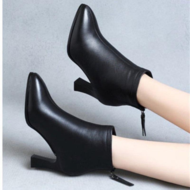 Spring, autumn and winter new soft leather high heels velvet Martin boots factory women's shoes temperament thick heel short boots single boots