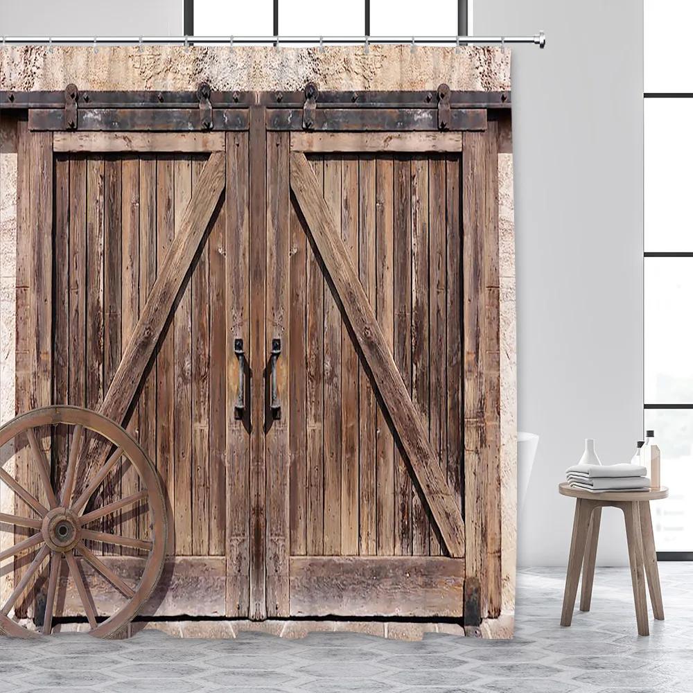 Farmhouse Shower Curtain, Bath Curtain Rustic Barn Door Wooden Western Country Sunflower Floral Fabric Bath Curtain with Hooks
