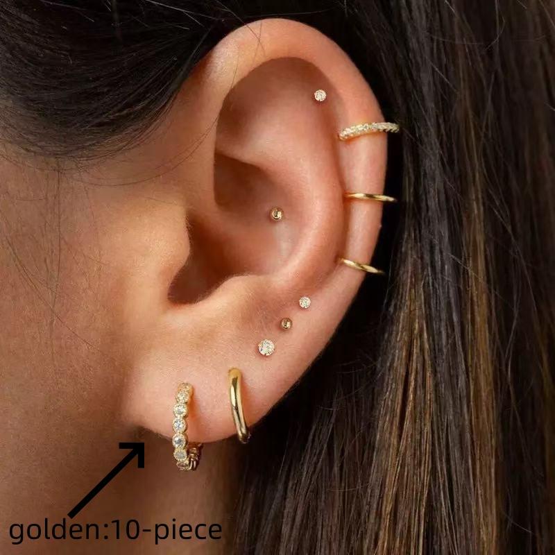 7-10 Piece Set Small Gold Hoop Stud Earrings for Women, 18K Gold Plated Tiny Stainless Steel Earrings Sets for Multiple Piercing
