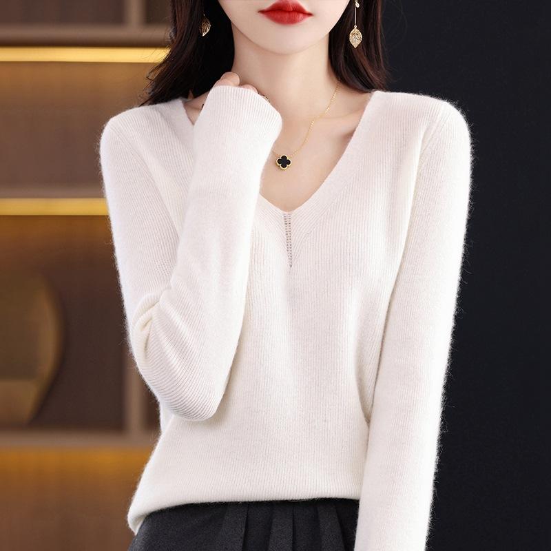 

Осенний новый вязаный свитер с большим V-образным вырезом, женский облегающий свитер с длинными рукавами, с дизайном ключиц и базовой рубашкой внутри S