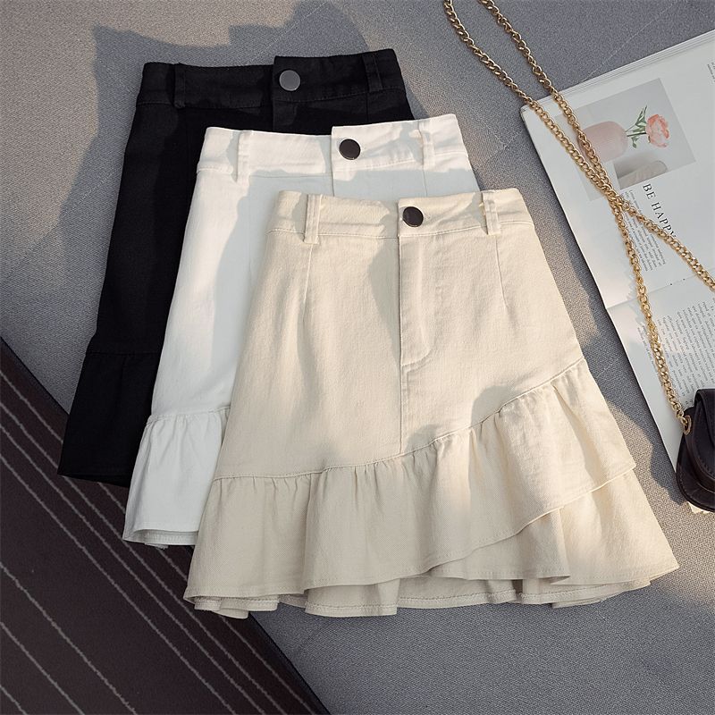 No Pattern Denim Mini Skirt With Ruffled Hem For Casual And Party Outfit