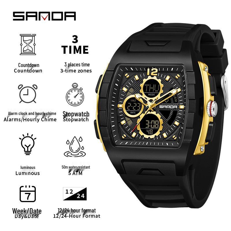 Sanda Men's Sports Barrel-Shaped Luminous Countdown Watch with Triple Time Zone and Dual Display, Waterproof Design.