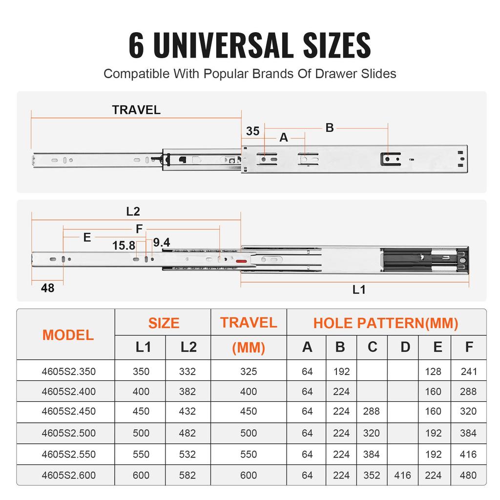 VEVOR 6 Pairs of 355.6mm Drawer Slides Side Mount Rails, Heavy Duty Full Extension Steel Track