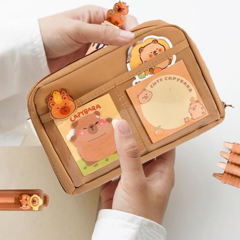 Capybara Stationery Set Cute Pencil Case With Pens Clips Rulers Sticky Note 10-Color Ballpoint Pen Pencil Organizer For Students