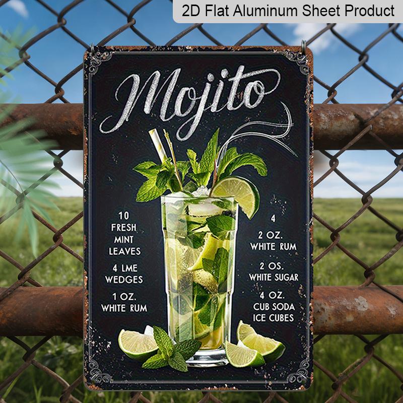 2D Flaches Retro Mojito Aluminium Wandkunst Schild - 8x12 Zoll Vintage Bar Dekoration mit Frischer Minze, Weißem Rum & Limettensaft - Perfekt für Zuhause, Büro oder